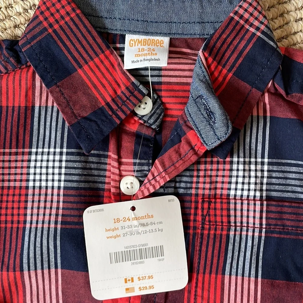 NWT Gymboree 18-24 red and blue plaid button down shirt